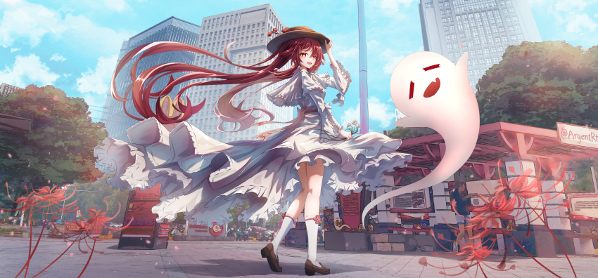 1girl, absurdres, argentrt, boo_tao_(genshin_impact), brown_hair, brown_hat, brown_shoes, building, capelet, cloud, cloudy_sky, dress, floating_clothes, floating_hair, flower, flower-shaped_pupils, frills, full_body, genshin_impact, ghost, hat, highres, holding, holding_flower, hu_tao_(genshin_impact), kneehighs, long_hair, looking_at_viewer, open_mouth, outdoors, red_eyes, red_flower, shoes, sky, socks, spider_lily, symbol-shaped_pupils, twintails, very_long_hair, white_capelet, white_dress, white_flower, white_socks