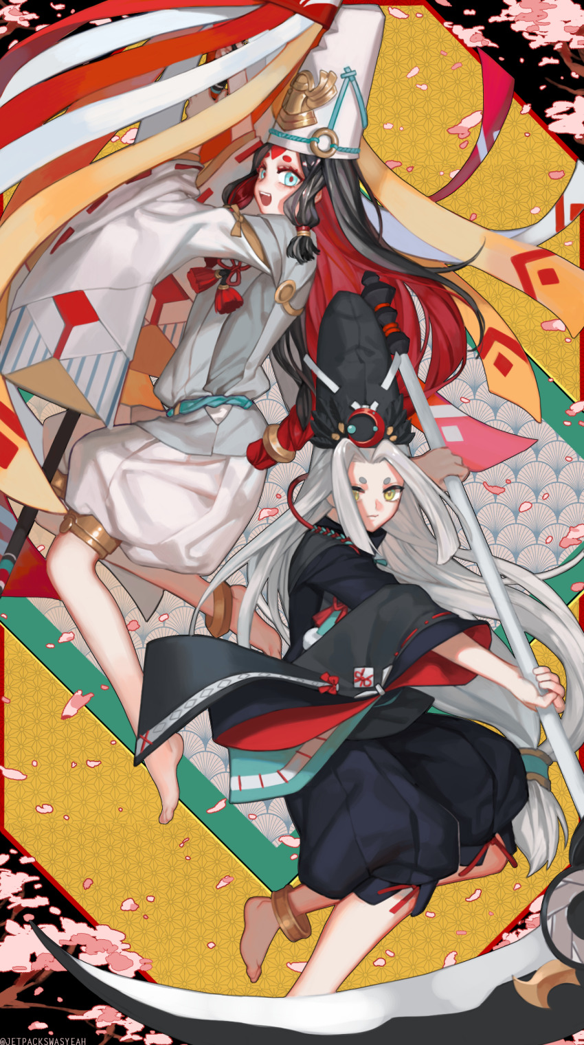 2boys, :d, androgynous, anklet, aqua_background, aqua_eyes, aqua_sash, asa_no_ha_(pattern)