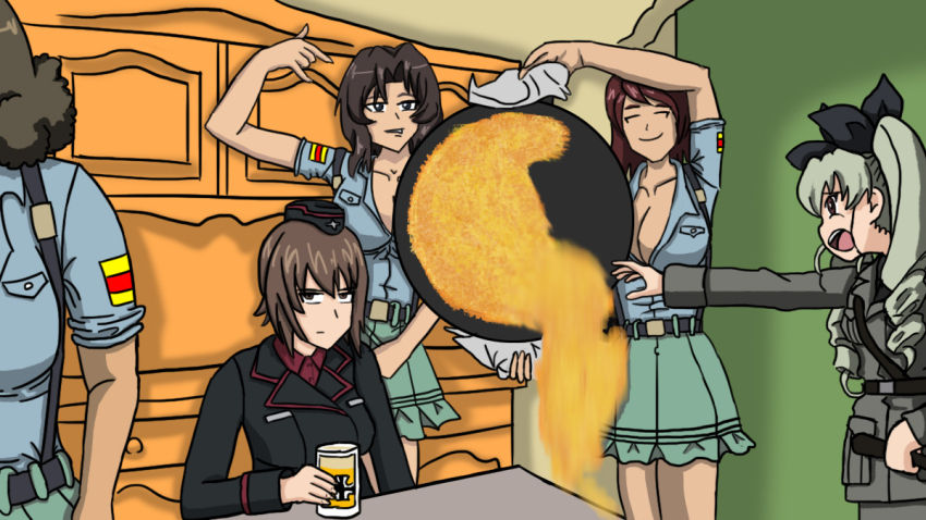 5girls, alcohol, anchovy_(girls_und_panzer), anzio_military_uniform, aoshidan_school_uniform, beer, beer_mug, belt