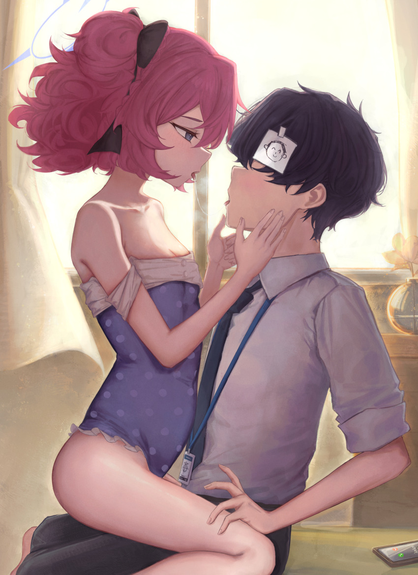 1boy, 1girl, absurdres, after_kiss, ahiru_(ahahahahiru), bare_shoulders, black_hair, black_necktie, black_pants, black_ribbon, blue_archive, blue_eyes, blue_halo, blush, bow, breasts, collarbone, doodle_sensei_(blue_archive), girl_on_top, hair_bow, hair_ribbon, half-closed_eyes, halo, highres, id_card, iroha_(anniversary_swimsuit)_(blue_archive), iroha_(blue_archive), loli, necktie, no_eyes, off-shoulder_one-piece_swimsuit, off_shoulder, one-piece_swimsuit, pants, polka_dot, polka_dot_swimsuit, purple_one-piece_swimsuit, red_hair, ribbon, saliva, saliva_trail, sensei_(blue_archive), shirt, short_hair, short_twintails, sitting, sitting_on_lap, sitting_on_person, small_breasts, swimsuit, thighhighs, tongue, tongue_out, twintails, white_shirt