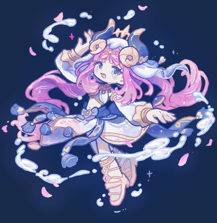 1girl, :d, arm_up, black_horns, blue_background, blue_eyes, blush_stickers, commentary