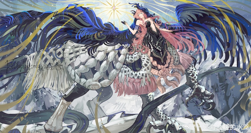 1girl, absurdres, bare_arms, bare_shoulders, black_dress, black_hands, black_veil, blue_veil, breasts, chimera, colored_extremities, dress, fuchen_shuiyuan, full_body, gem, hand_up, highres, long_hair, looking_to_the_side, medium_breasts, mountain, nautika_(reverse:1999), no_bra, pink_gem, pink_hair, plunging_neckline, reverse:1999, snow, solo, sparkle, strapless, strapless_dress, talons, turning_head, two-tone_veil, veil, very_long_hair, watermark, weibo_watermark