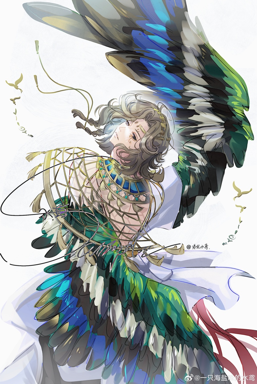 1boy, absurdres, ancient_egyptian_clothes, arm_up, artist_name, bird_legs, black_eyes, brown_hair