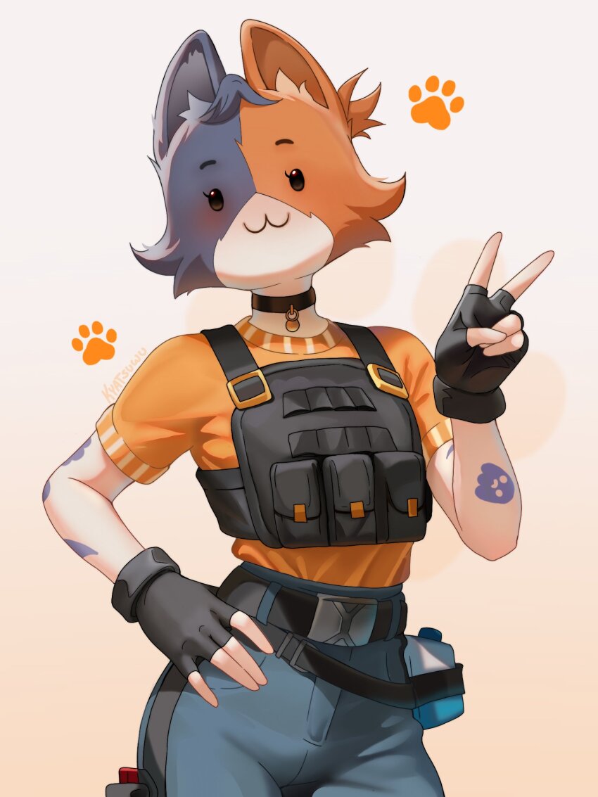 1girl, :3, animal_ears, belt, black_collar, black_eyes, black_fur, black_gloves, breasts, cat_ears, cate_meowdy, closed_mouth, collar, cowboy_shot, cream_background, fingerless_gloves, fortnite, furry, furry_female, gloves, grey_pants, hand_on_own_hip, highres, kyatsuwu, multicolored_fur, orange_fur, orange_shirt, pants, shirt, simple_background, solo, v, white_fur