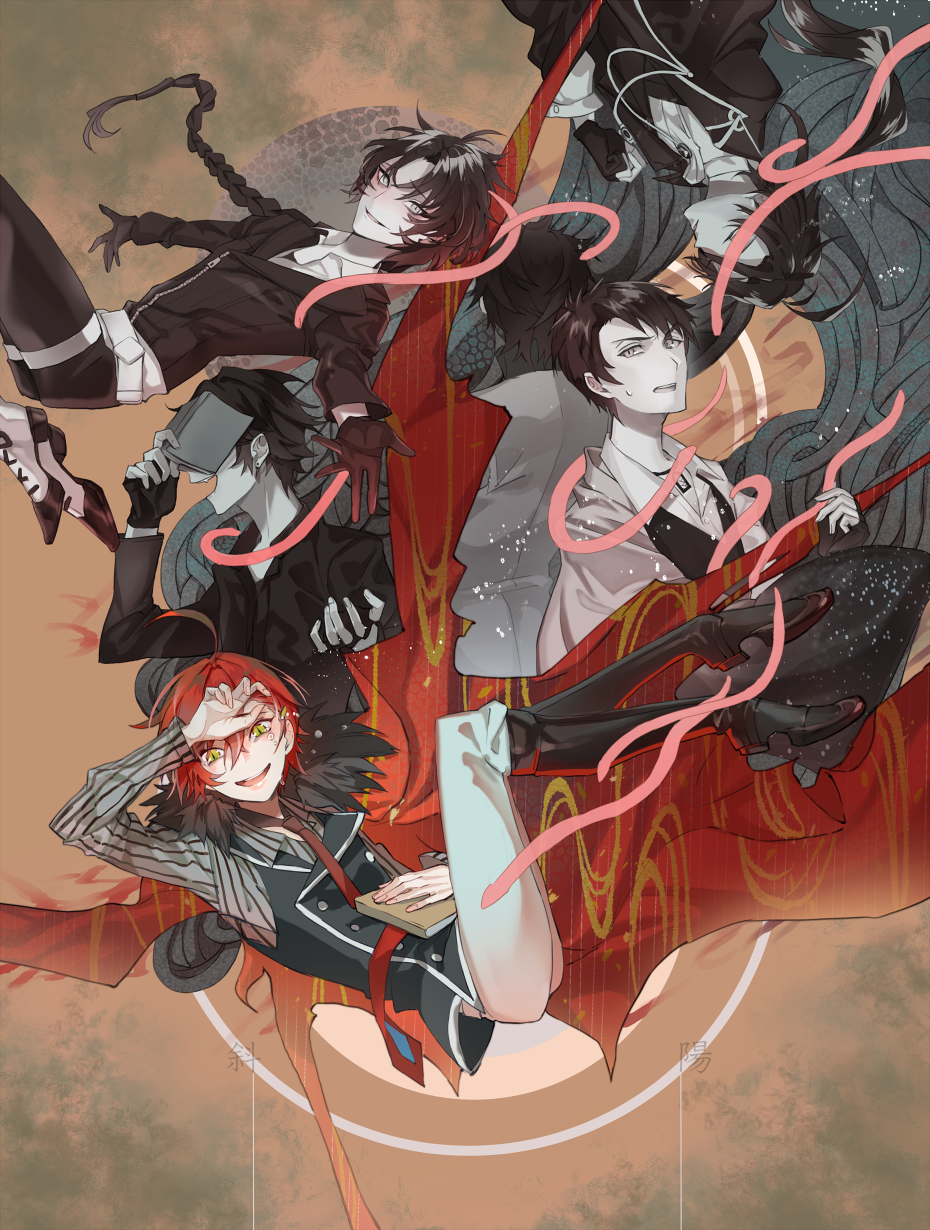 6+boys, :d, ahoge, akutagawa_ryuunosuke_(bungou_to_alchemist), antenna_hair, black_boots, black_vest, blush