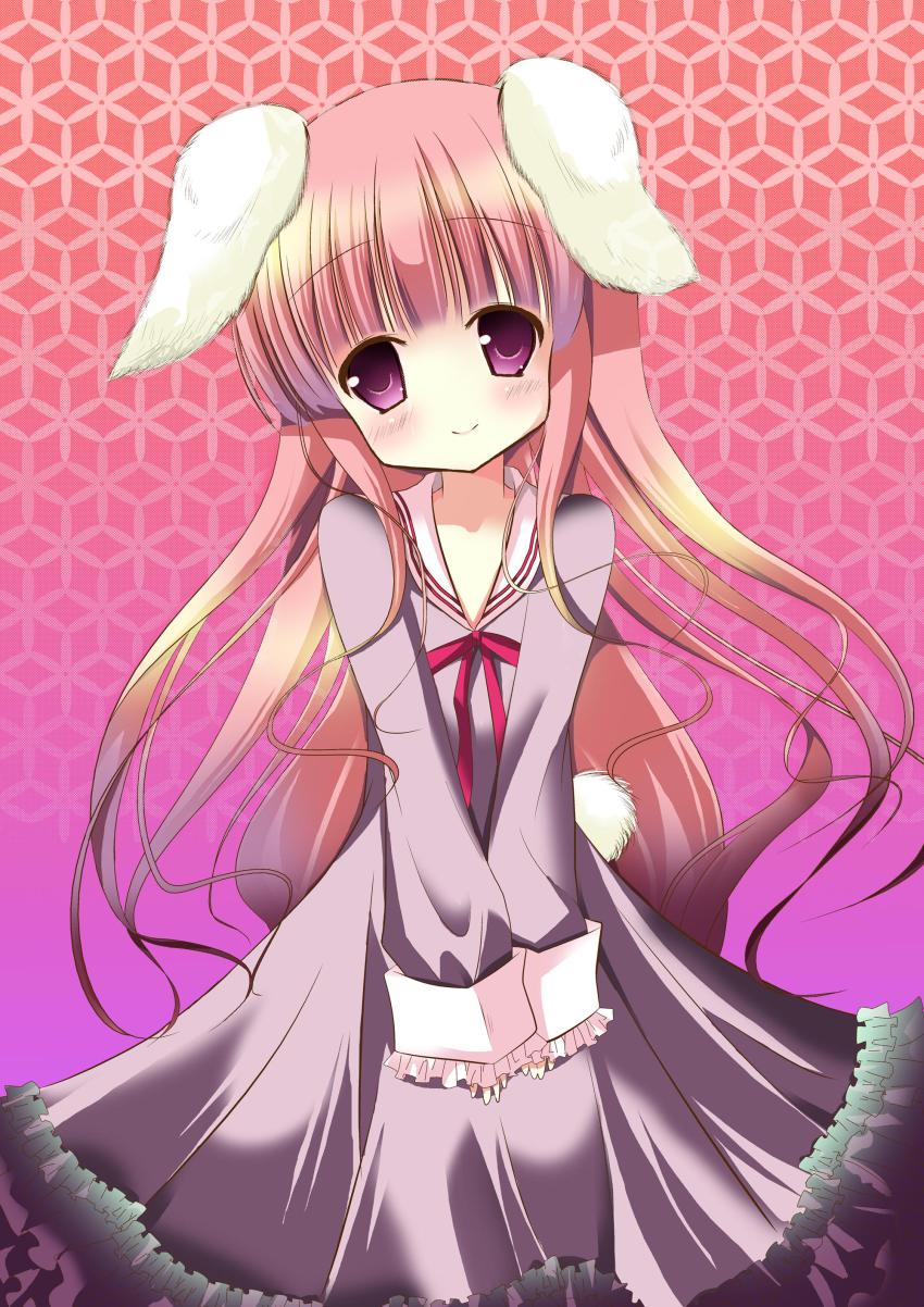 10s, 1girl, absurdres, animal_ears, dress, female_focus, hakamada_hinata, highres, kazuta_(kazutan62), long_hair, long_sleeves, no_nose, non-web_source, pink_eyes, pink_hair, rabbit_ears, rabbit_tail, resized, rou-kyuu-bu!, sleeves_past_wrists, smile, solo, tail
