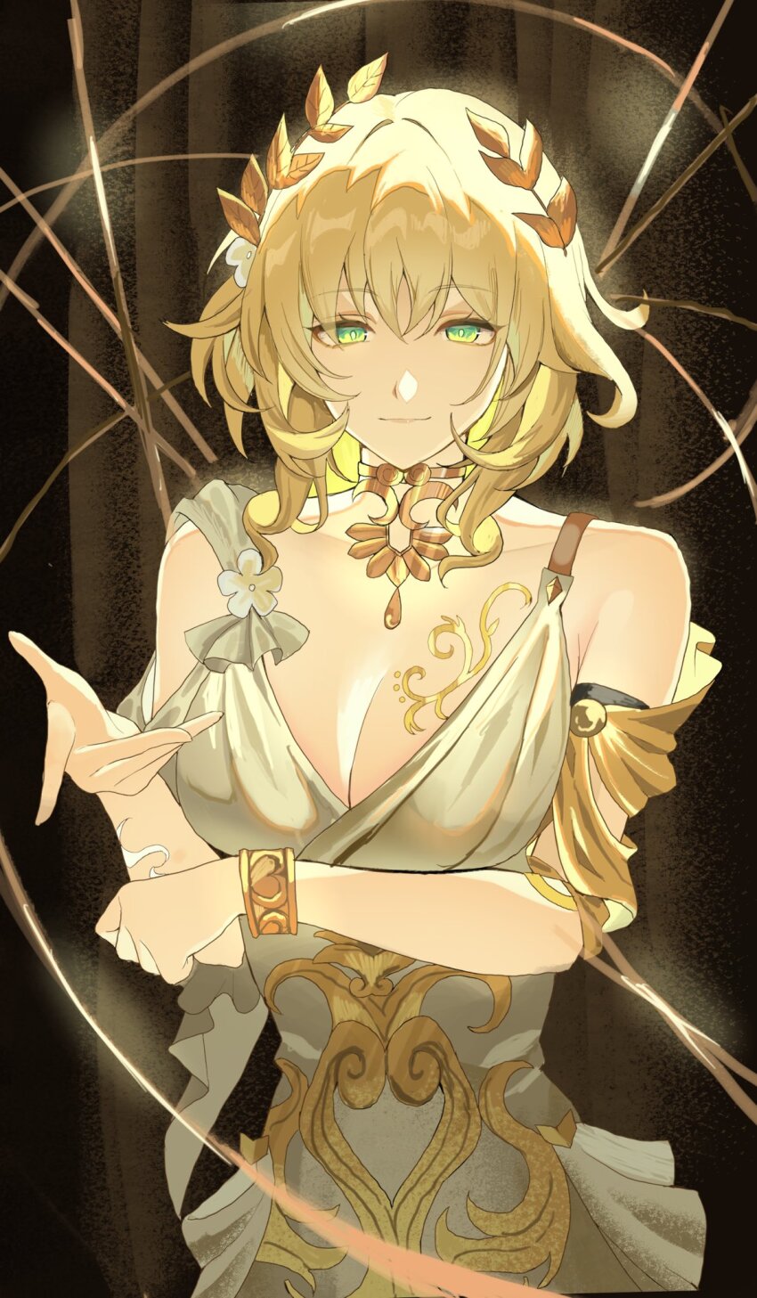 0910_2222, 1girl, aglaea_(honkai:_star_rail), ancient_greek_clothes, bare_shoulders, blonde_hair, breast_tattoo, breasts, cleavage, commentary_request, dress, gold_tattoo, greco-roman_clothes, green_eyes, highres, honkai:_star_rail, honkai_(series), large_breasts, laurel_crown, short_hair, smile, solo, tattoo, thread, white_dress