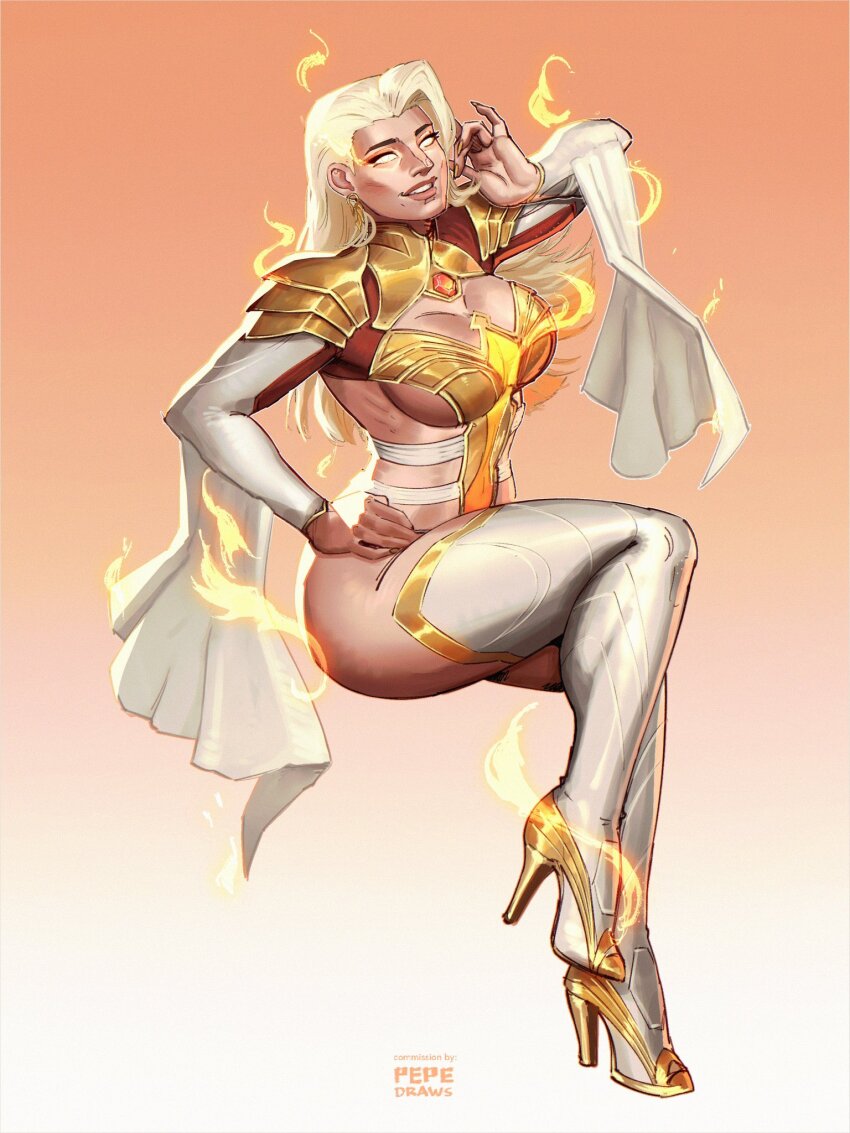 1girl, blank_eyes, blonde_hair, boots, emma_frost, emma_frost_(phoenix_diamond), fire, full_body