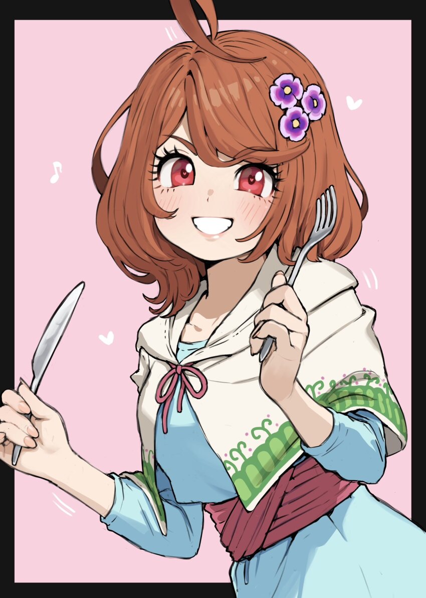 1girl, ahoge, black_border, blue_dress, border, capelet, commentary, dragon_quest, dragon_quest_x, dress, flower, fork, green_trim, grin, hair_flower, hair_ornament, heart, heart-shaped_pupils, highres, holding, holding_fork, holding_knife, knife, looking_at_viewer, medium_hair, motion_lines, omaru_gyuunyuu, orange_hair, pink_background, porte_(dq10), purple_flower, red_eyes, red_sash, sash, smile, solo, symbol-shaped_pupils, untranslatable_commentary, upper_body, white_capelet