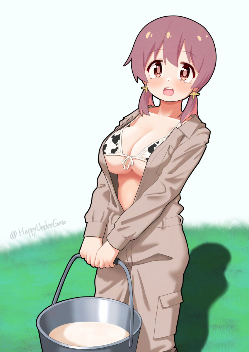 1girl, :d, alternate_costume, animal_print, artist_name, bikini, bikini_under_clothes, blush, breasts, brown_hair, bucket, bucket_of_milk, cleavage, collarbone, commentary, cow_print, cow_print_bikini, front-tie_bikini_top, front-tie_top, grass, hair_between_eyes, happyundergate, highres, jumpsuit, large_breasts, long_hair, long_sleeves, low_twintails, milk, multicolored_hair, murosaki_miyo, onii-chan_wa_oshimai!, open_jumpsuit, open_mouth, print_bikini, red_eyes, red_hair, smile, solo, swimsuit, teeth, twintails, twitter_username, two-tone_hair, upper_teeth_only