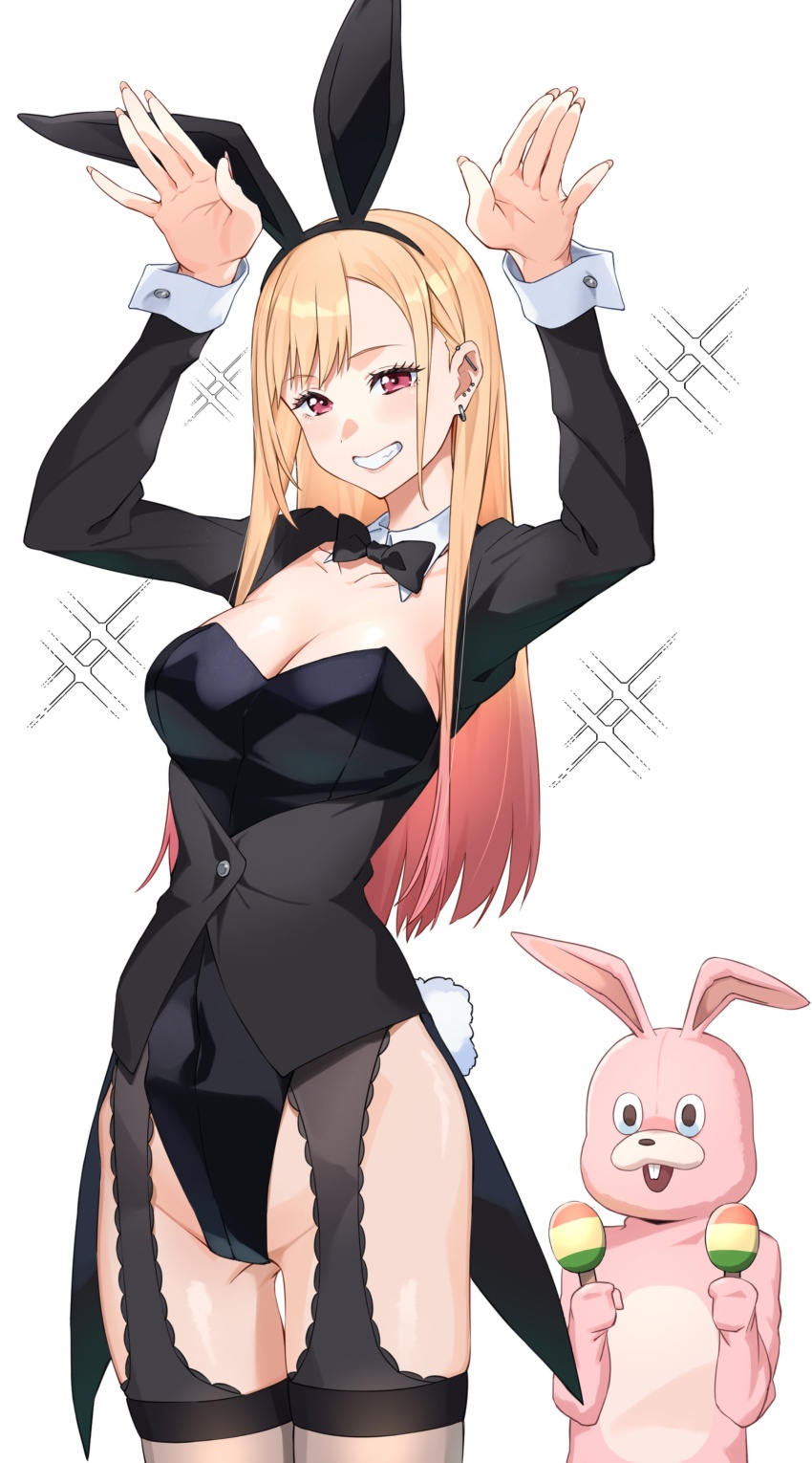 1girl, absurdres, animal_ears, black_jacket, black_leotard, blonde_hair, breasts, cleavage