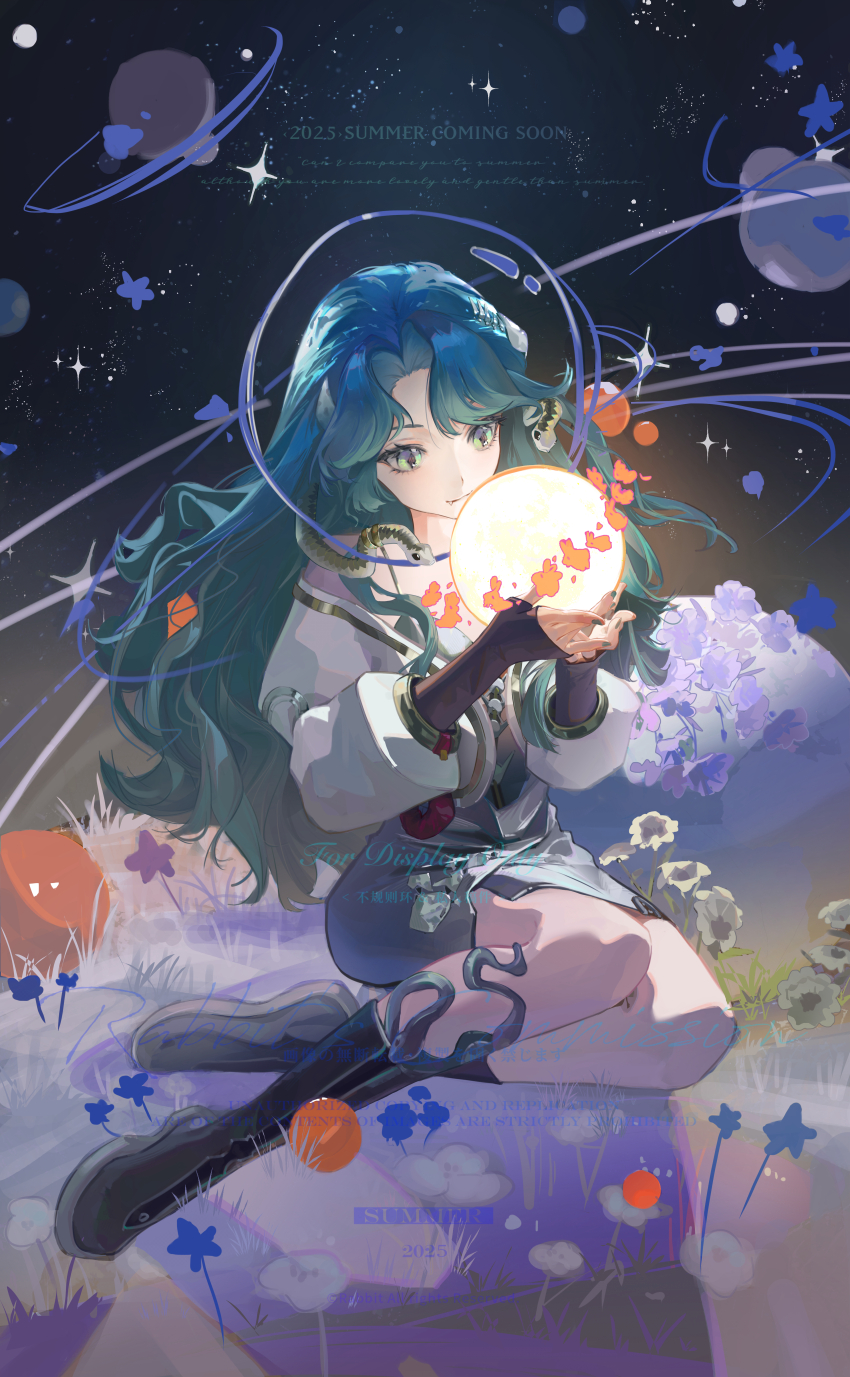 1girl, absurdres, ball, blue_flower, blue_hair, boots, bu_guize_huan, closed_mouth, dress, fang, fang_out, flower, full_body, glowing, grass, green_eyes, grey_boots, grey_dress, highres, hissabeth, holding, holding_ball, jacket, long_hair, looking_at_object, night, on_ground, planet, reverse:1999, short_dress, sitting, sky, slit_pupils, smile, snake, snake_on_head, solo, sparkle, watermark, white_flower, white_jacket, yokozuwari