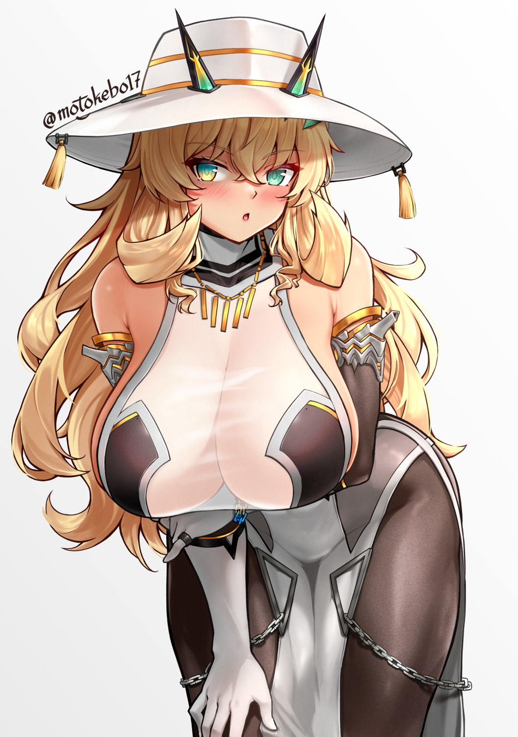 1girl, bare_shoulders, barghest_(fate), barghest_(celebratory_attire)_(fate), black_dress, blonde_hair, blush, breasts