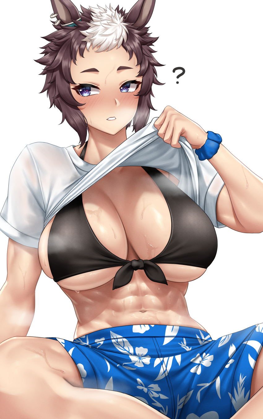 1girl, ?, abs, absurdres, alternate_breast_size_(larger), animal_ears, bikini, black_bikini