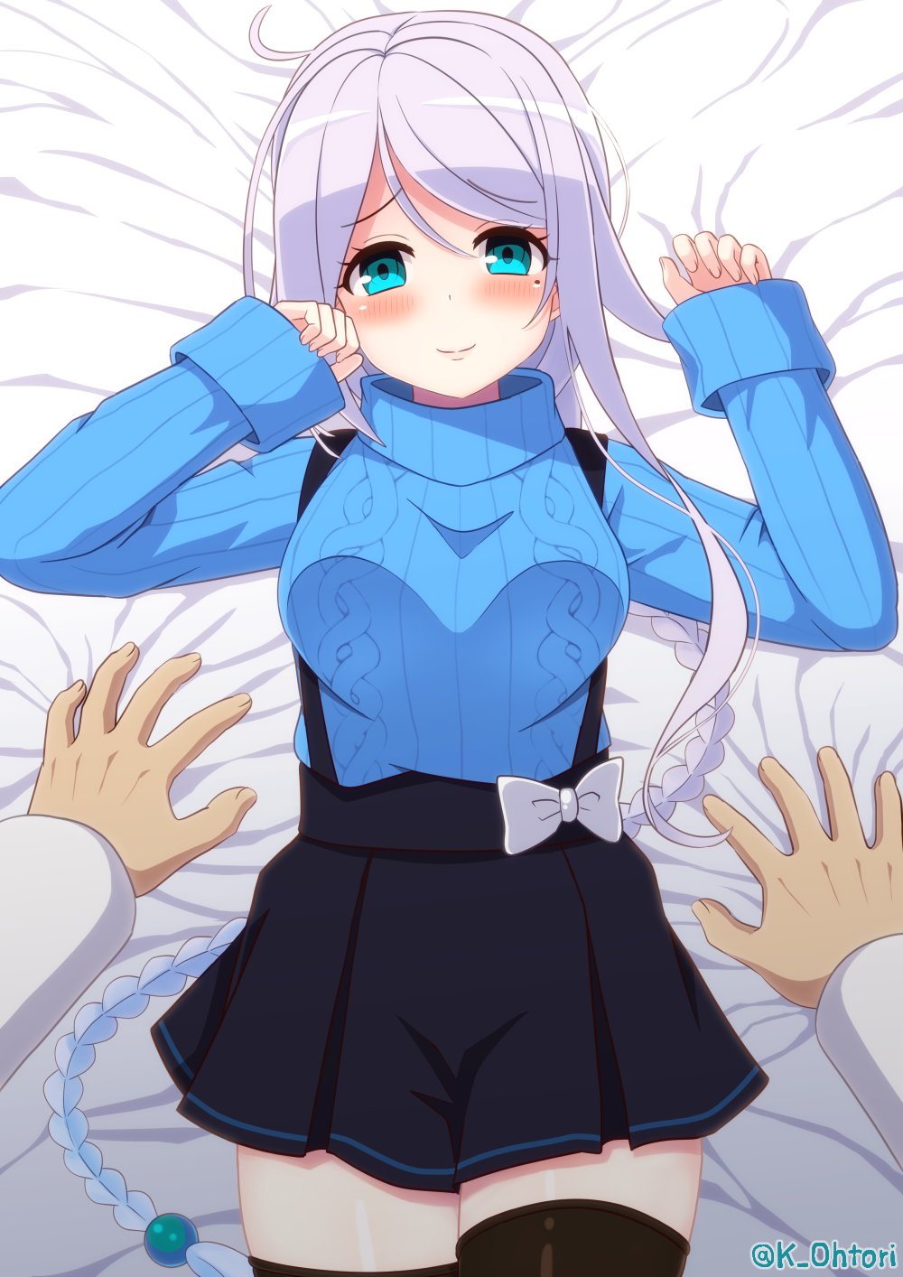 1girl, admiral_(kancolle), black_skirt, black_thighhighs, blue_eyes, blue_sweater, blush, braid