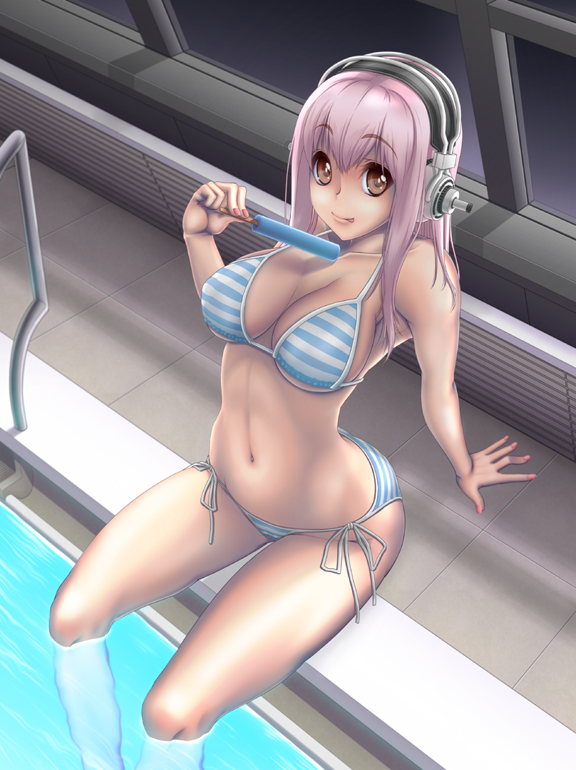 1girl, :p, arched_back, arm_support, bikini, breasts, brown_eyes, cleavage, female_focus, food, headphones, indoors, kairichan, large_breasts, nail_polish, navel, night, nitroplus, osafune_kairi, partially_submerged, pink_hair, pool, pool_ladder, poolside, popsicle, rei_no_pool, sitting, soaking_feet, solo, striped_bikini, striped_clothes, super_sonico, swimsuit, tongue, tongue_out, water, window