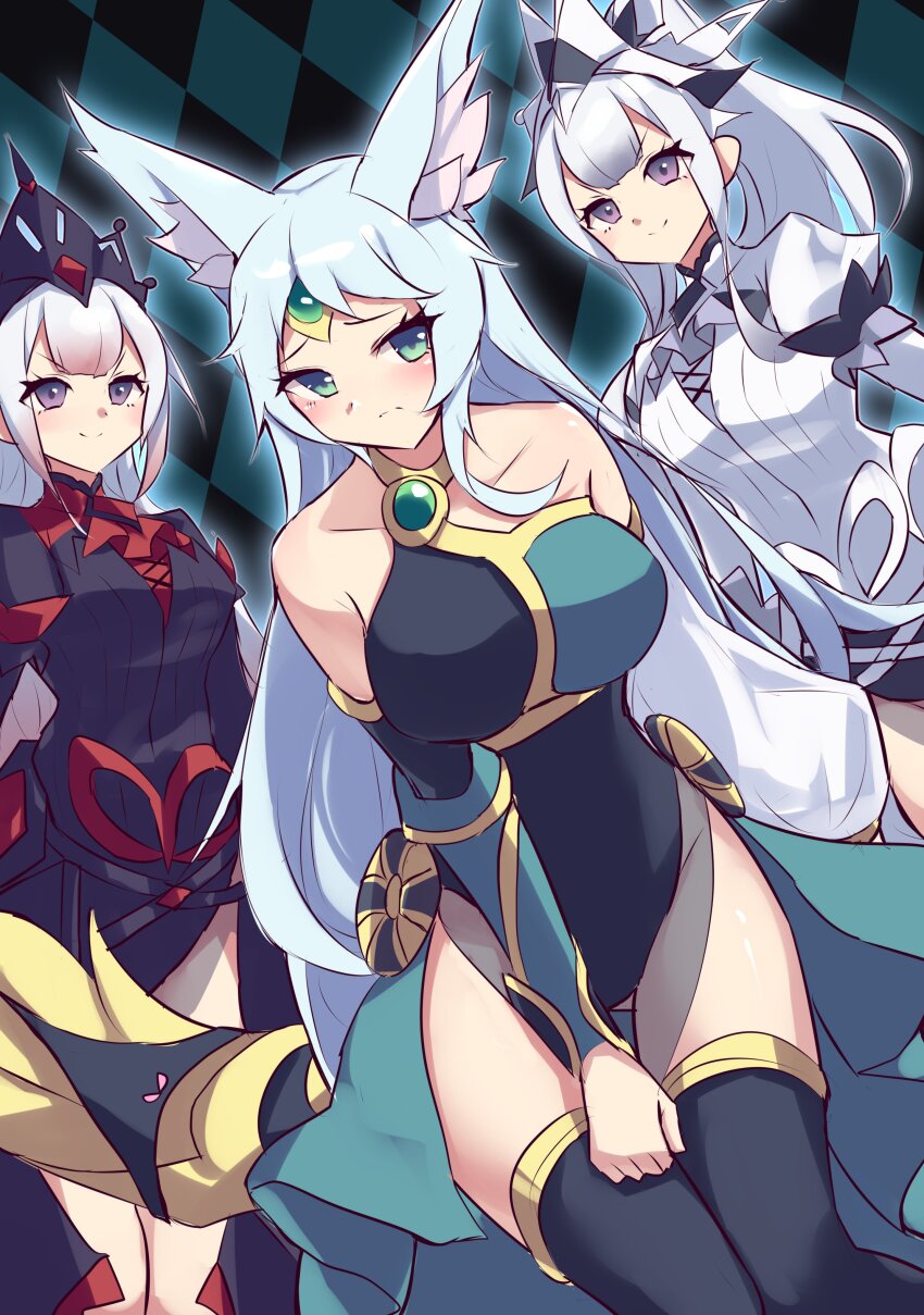 3girls, absurdres, alternate_costume, animal_ear_fluff, animal_ears, apollousa_bow_of_the_goddess, aqua_hair, asymmetrical_clothes