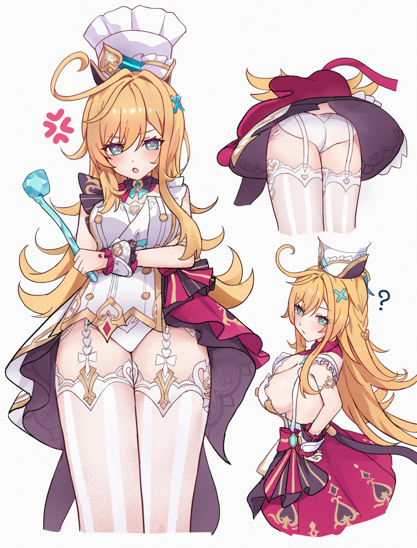 1girl, ?, absurdres, ahoge, anger_vein, ass, blonde_hair, breasts