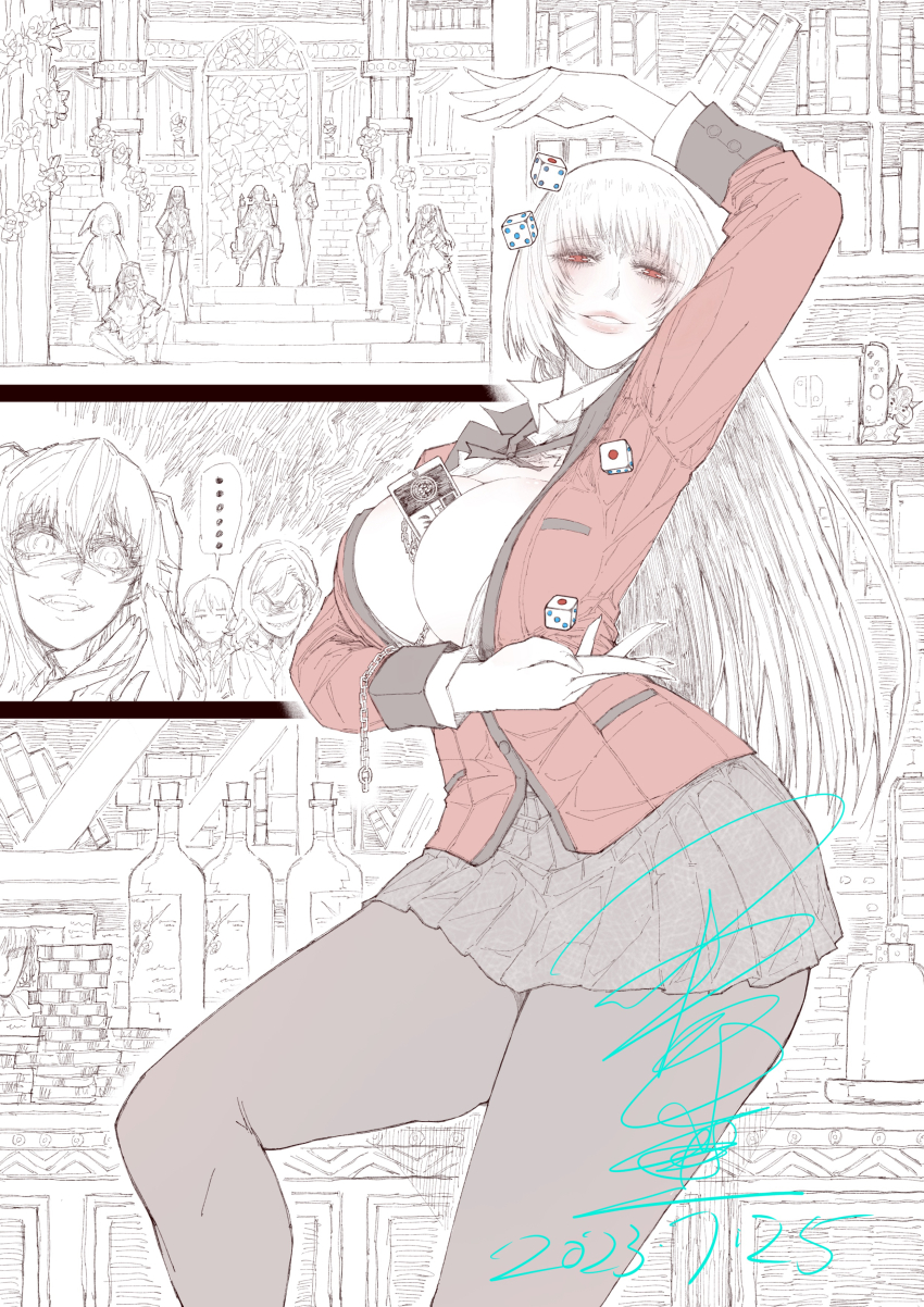 1boy, 6+girls, absurdres, between_breasts, black_pantyhose, black_skirt, blazer, blush