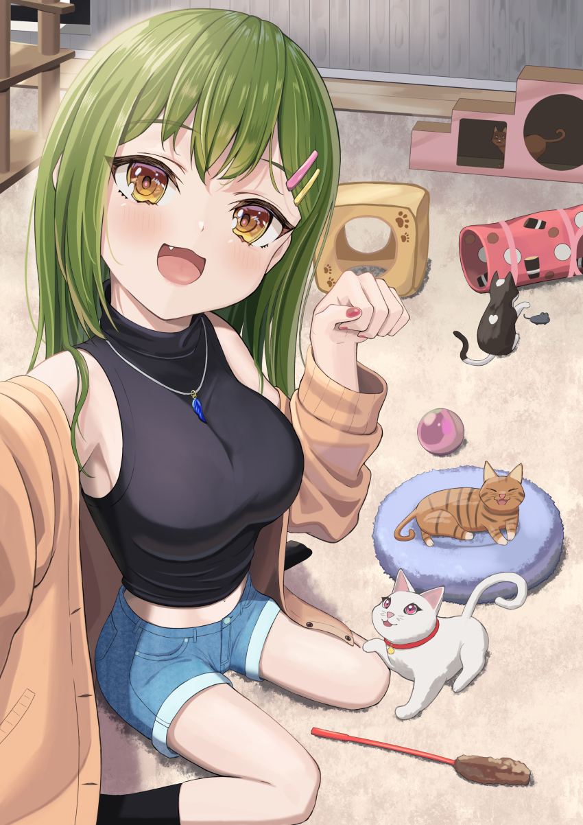 1girl, :d, absurdres, alt_text, alternate_costume, arm_up, armpits, asumi_dori, bare_shoulders, black_cat, black_socks, blue_shorts, blush, breasts, brown_cardigan, brown_cat, brown_eyes, cardigan, casual, cat, cat_teaser, commentary_request, fang, foreshortening, green_hair, hair_ornament, hairclip, hand_up, highres, indoors, jewelry, large_breasts, link!_like!_love_live!, looking_at_viewer, love_live!, midriff, multiple_cats, necklace, off_shoulder, ogami_sachi, open_cardigan, open_clothes, open_mouth, parallel_hairclips, paw_pose, pink_eyes, selfie, short_shorts, shorts, sitting, sleeveless, sleeveless_sweater, smile, socks, sweater, turtleneck, turtleneck_sweater, wariza, white_cat