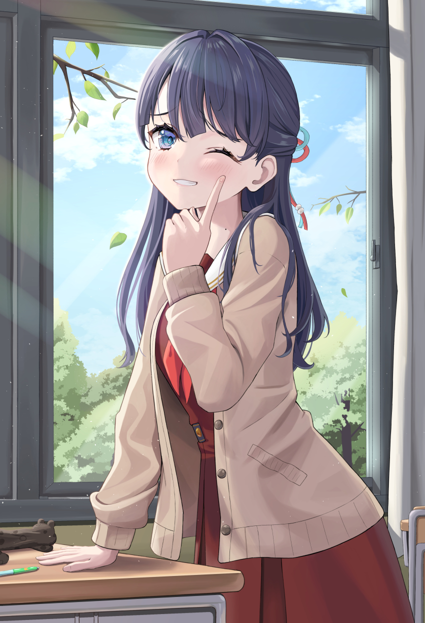 1girl, ;d, absurdres, alt_text, asumi_dori, blue_eyes, blue_hair, blue_ribbon