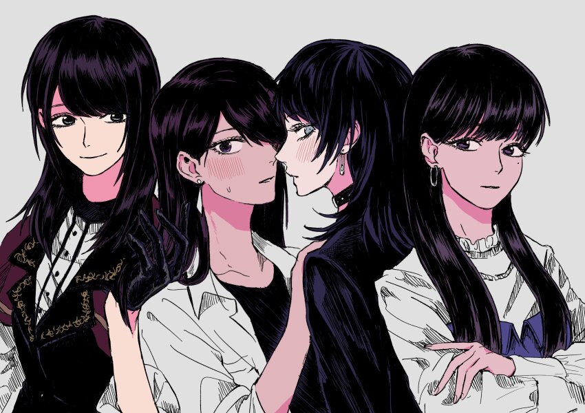 4girls, bang_dream!, bang_dream!_it's_mygo!!!!!, black_choker, black_gloves, black_hair, black_jacket, black_shirt