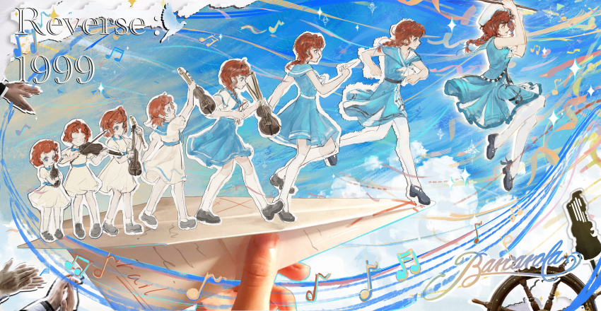 1girl, absurdres, age_progression, aged_down, barcarola_(reverse:1999), beamed_eighth_notes, black_shoes, blue_background