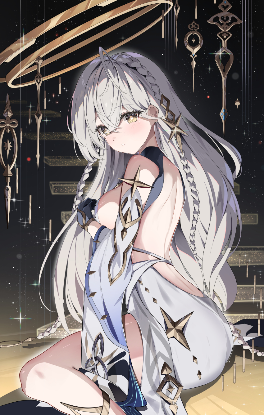 1girl, absurdres, backless_dress, backless_outfit, bare_back, bare_shoulders, black_gloves, blush