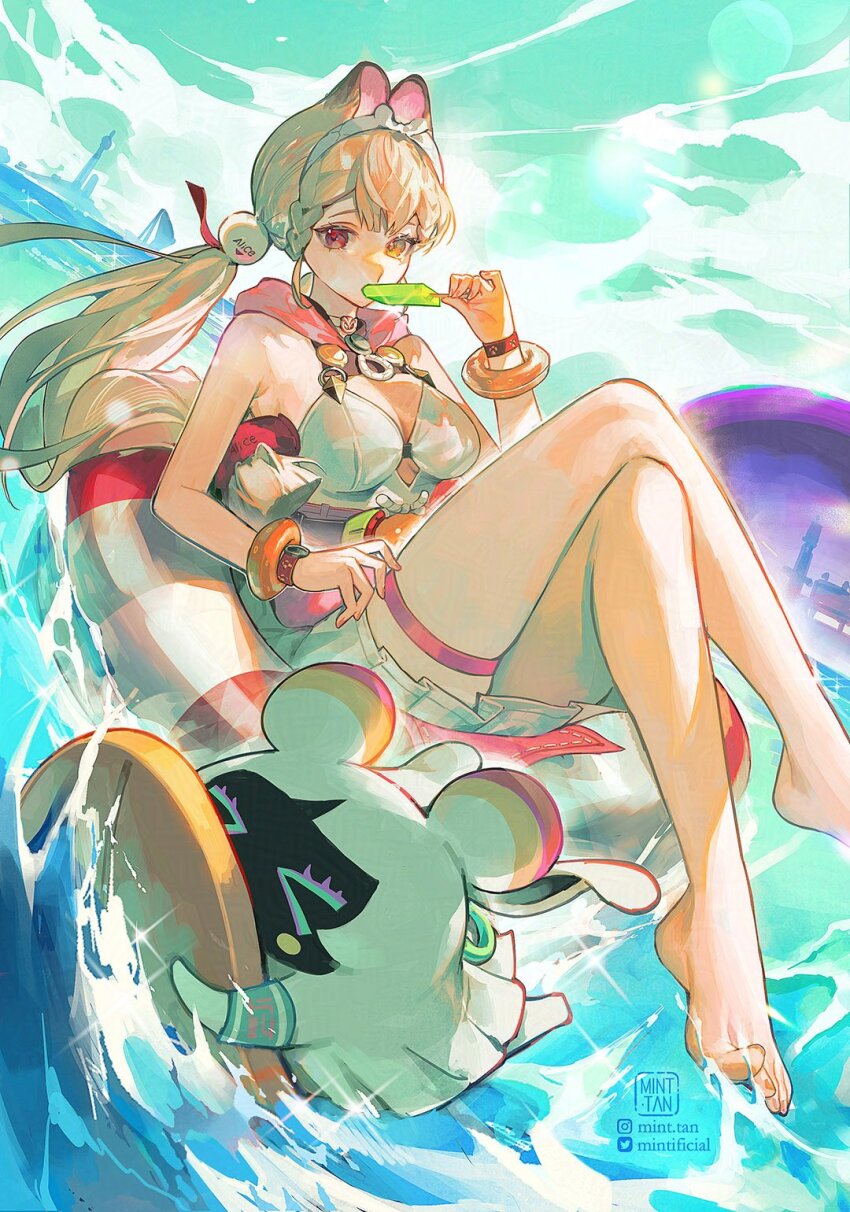 1girl, alice_thymefield, alice_thymefield_(sea_of_thyme), animal_ears, bangboo_(zenless_zone_zero), barefoot, blonde_hair, braid, breasts, cleavage, crossed_legs, ear-to-ear, eating, food, hair_ornament, heterochromia, highres, holding, holding_food, holding_popsicle, long_hair, low_twintails, mint-tan, official_alternate_costume, popsicle, rabbit_ears, rabbit_girl, red_eyes, sphere_hair_ornament, swimsuit, thigh_strap, thighs, twintails, water, yellow_eyes, zenless_zone_zero