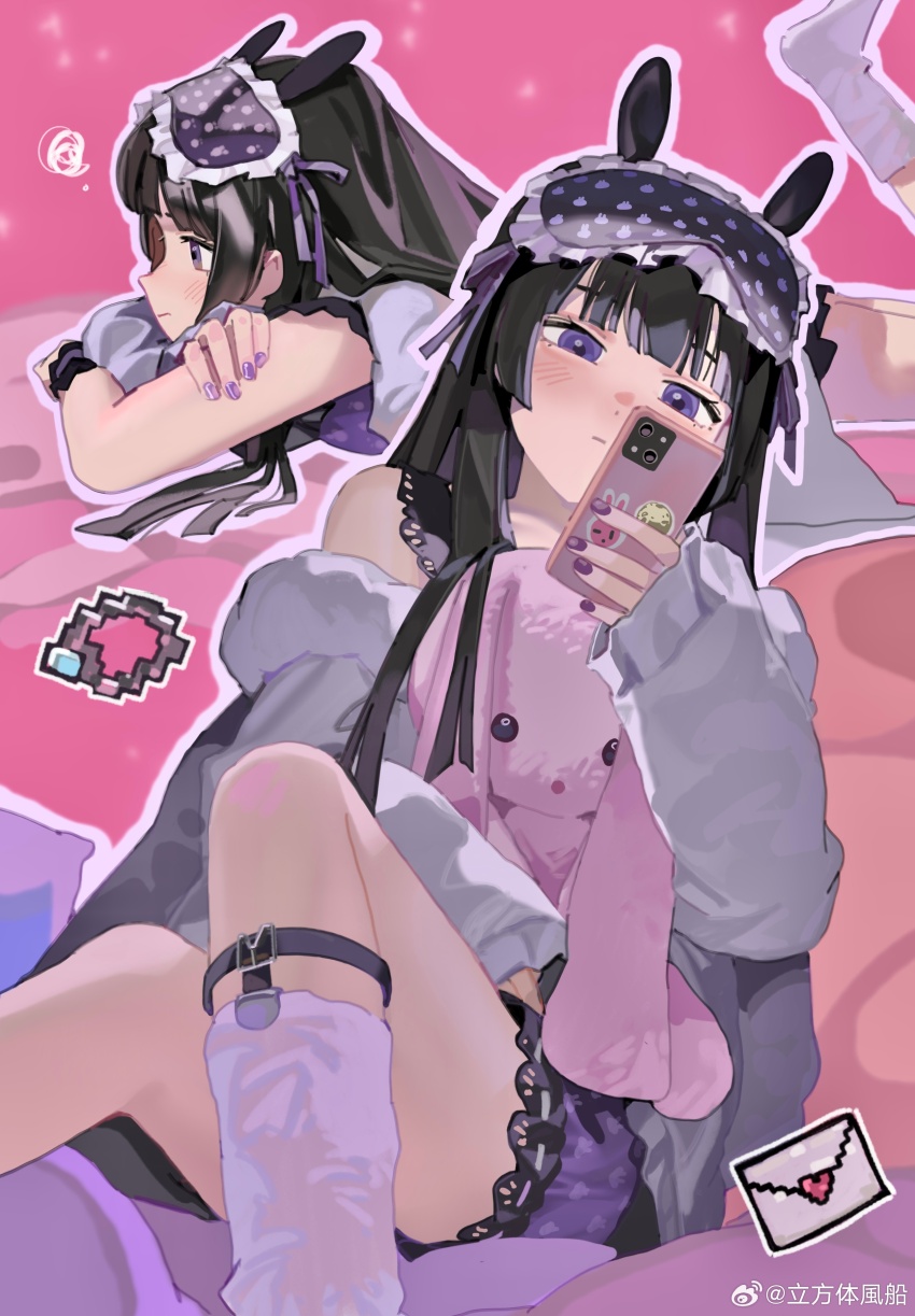 1girl, absurdres, animal_ears, black_hair, blush, cellphone, commentary_request, fake_animal_ears