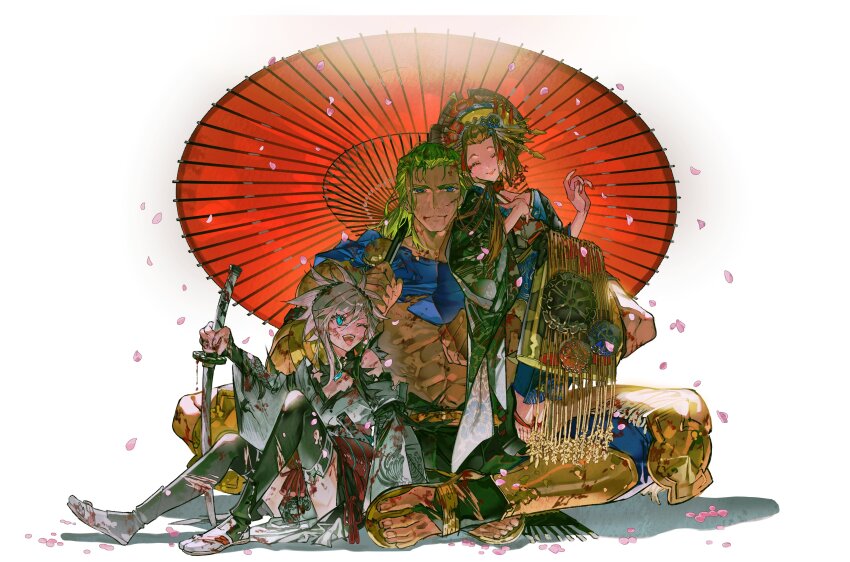 1boy, 2girls, absurdres, bangs_pinned_back, black_thighhighs, blood, blood_from_mouth, blood_on_arm