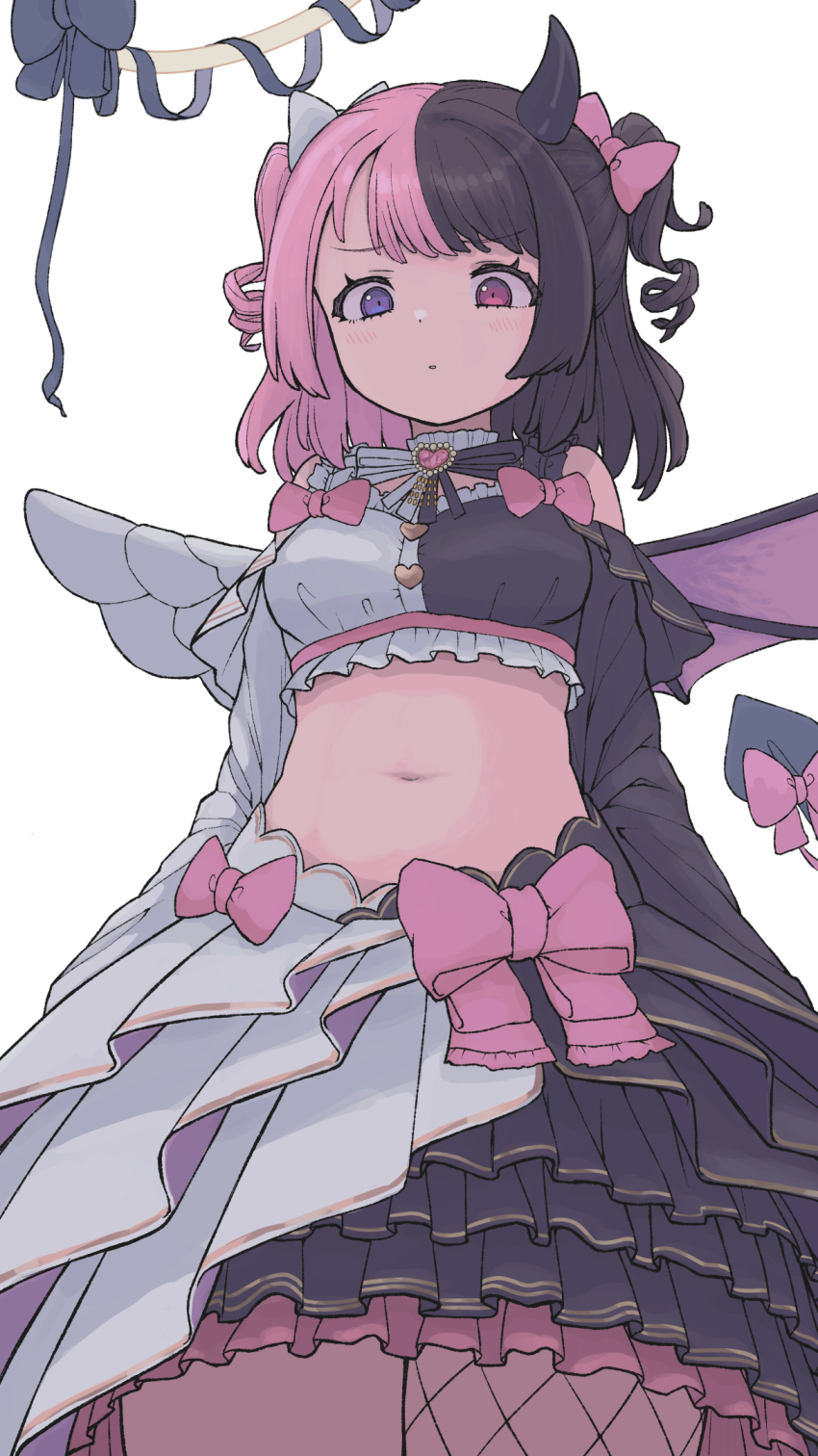 1girl, amaki_pururu, asymmetrical_wings, black_bow, black_hair, black_horns, blush, bow