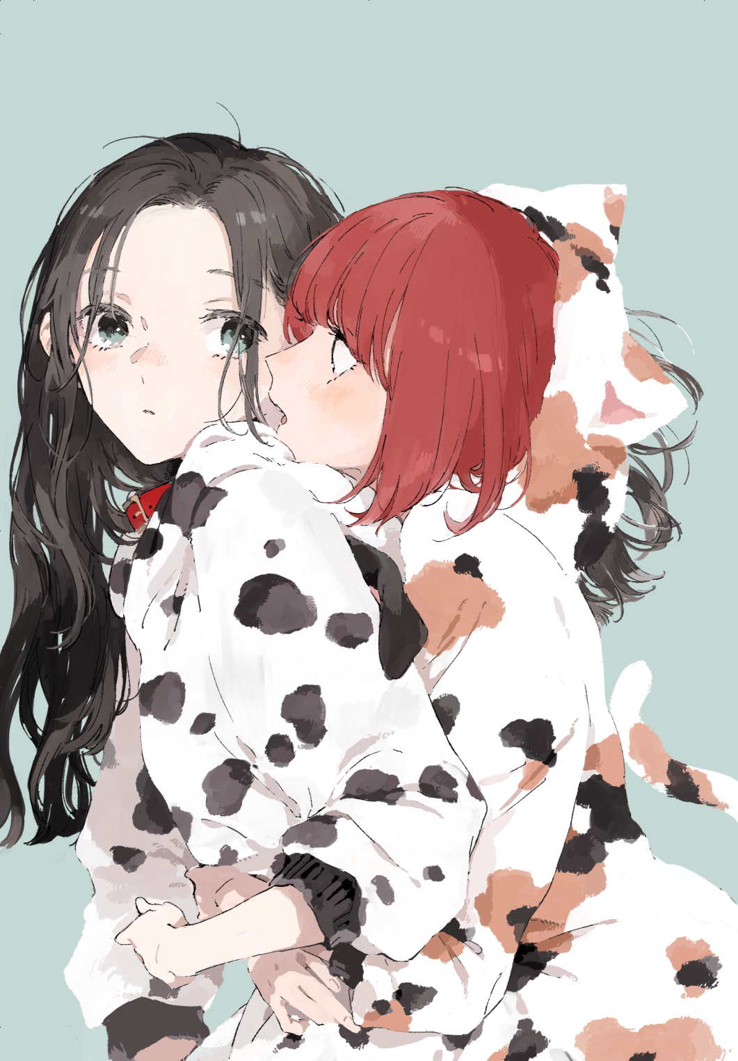 2girls, animal_costume, black_hair, cow_costume, highres, hug, hug_from_behind, kakmxxxny06