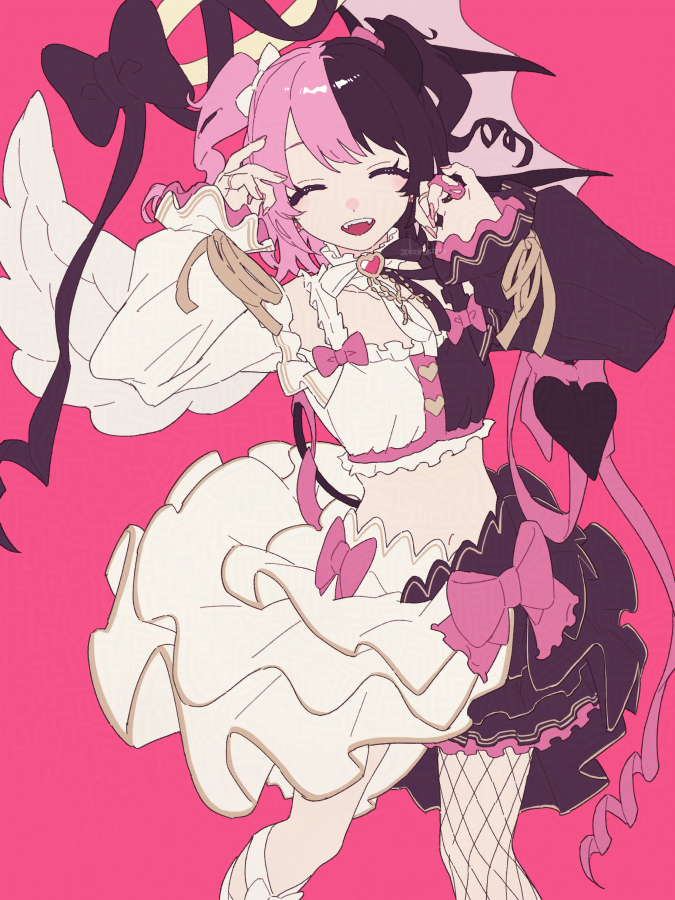 1girl, amaki_pururu, asymmetrical_wings, black_bow, black_hair, bow, closed_eyes, commentary