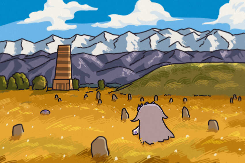 bing_huyue, burana_tower, chibi, cloud, cloudy_sky, from_behind, gem, gem_hair_ornament