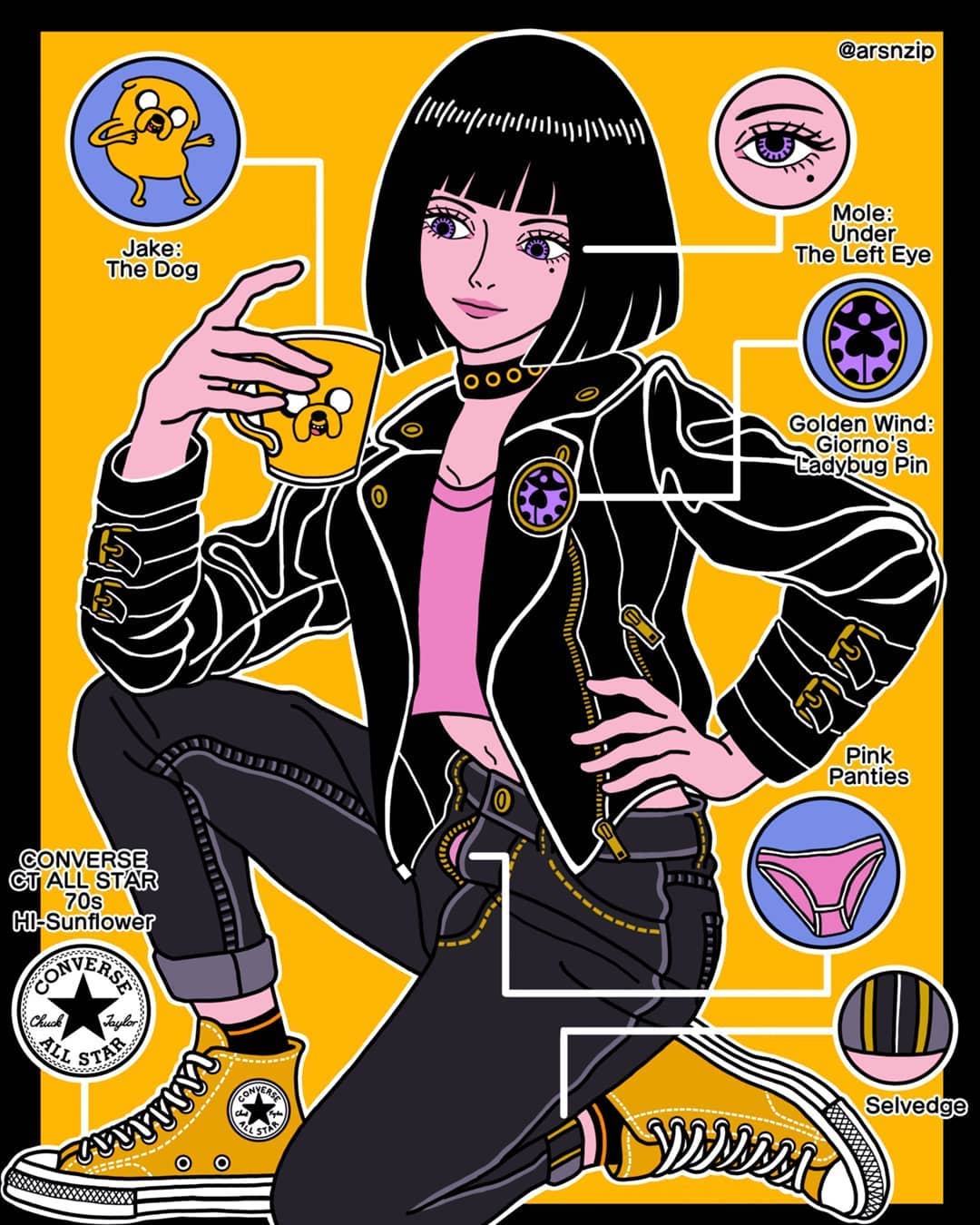 1girl, adventure_time, arsnzip, artist_name, black_border, black_choker, black_hair, black_jacket