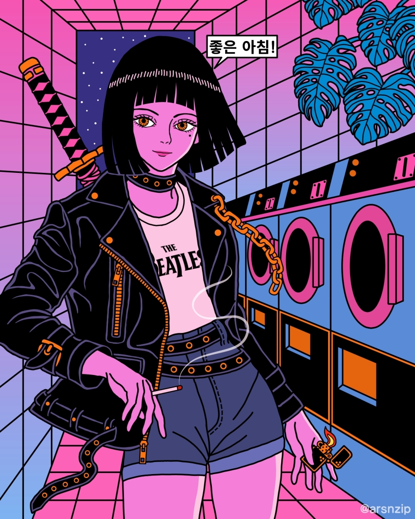 1girl, arsnzip, artist_name, black_choker, black_hair, blunt_bangs, bob_cut, chain, choker, cigarette, closed_mouth, clothes_dryer, colored_skin, commentary, cowboy_shot, denim, denim_shorts, english_commentary, fire, group_name, highres, holding, holding_cigarette, holding_lighter, jacket, katana, laundromat, leaf, light_smile, lighter, looking_at_viewer, monstera_deliciosa, open_clothes, open_jacket, orange_eyes, original, pink_skin, plant, sheath, sheathed, shirt, shorts, smoke, solo, standing, sword, sword_on_back, translation_request, vaporwave, weapon, weapon_on_back, zippo_lighter