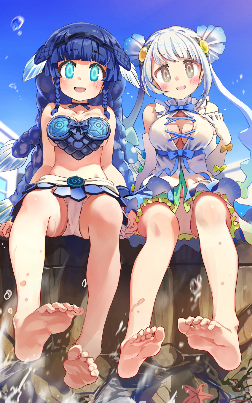 2girls, :d, absurdres, aqua_eyes, aqua_hair, bare_arms, bare_legs, bare_shoulders, barefoot, blue_hair, blunt_bangs, blush, bracer, braid, braided_sidelocks, breasts, brown_eyes, center_opening, coelacanth_(kemono_friends), collarbone, commentary, dress, elbow_gloves, feet, fish_girl, foot_focus, from_below, full_body, gloves, gradient_hair, hair_ornament, highres, japari_symbol, kemono_friends, kemono_friends_3, long_hair, medium_breasts, melaton, midriff, multicolored_hair, multiple_girls, open_mouth, panties, pantyshot, scales, side_braids, sidelocks, sitting, skyfish_(kemono_friends), smile, soles, toe_scrunch, toes, twin_braids, twintails, underboob, underwear, very_long_hair, white_dress, white_gloves, white_hair, white_panties