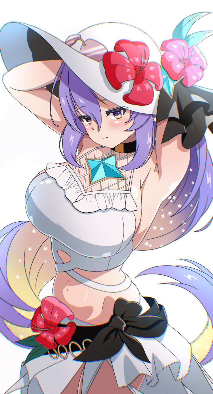 1girl, anaglyph, armpits, arms_up, bad_perspective, bad_proportions, bikini, black_choker, blush, breasts, choker, flower, hat, hat_flower, highres, hololive, hololive_indonesia, kaiyen, large_breasts, long_body, looking_at_viewer, midriff, moona_hoshinova, moona_hoshinova_(holonatsu_paradise), navel, purple_hair, simple_background, solo, starry_hair, sun_hat, swimsuit, virtual_youtuber, white_background