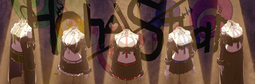 absurdres, arms_at_sides, bandeau, belt, belt_buckle, black_shirt, black_skirt, blue_bandeau