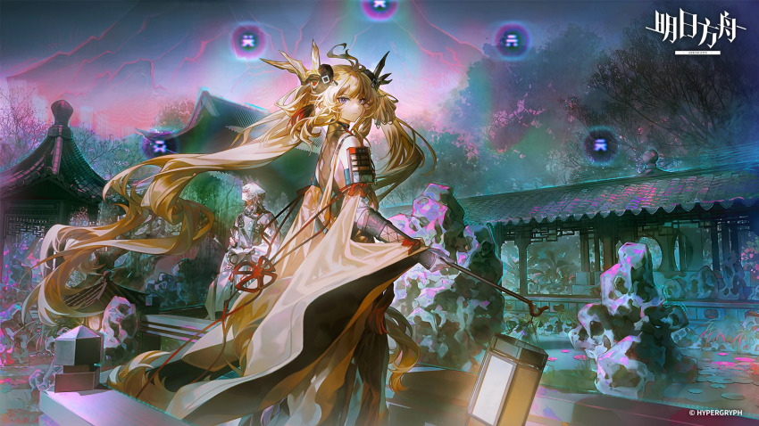 1boy, 1girl, arknights, blonde_hair, hair_ornament, highres, holding, holding_lantern, horns, lantern, leizi_(arknights), leizi_the_thunderbringer_(arknights), long_hair, looking_back, official_art, pointy_ears, purple_eyes, record_keeper_(arknights), recording, ribbon, twintails