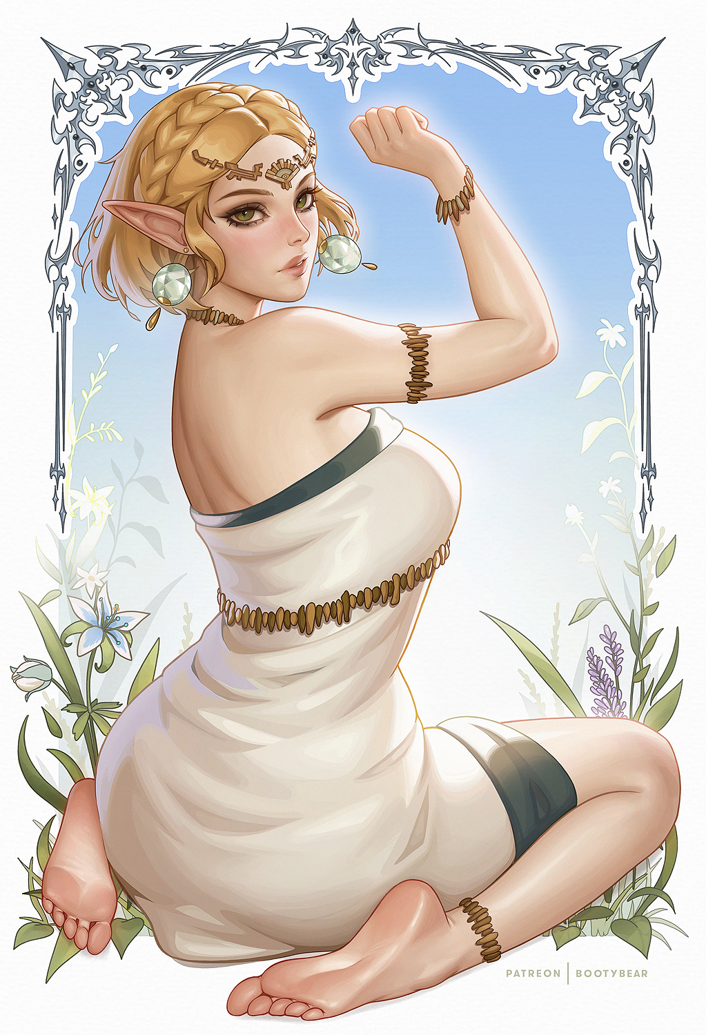 1girl, anklet, armlet, barefoot, blonde_hair, bootybear, bracelet, braid