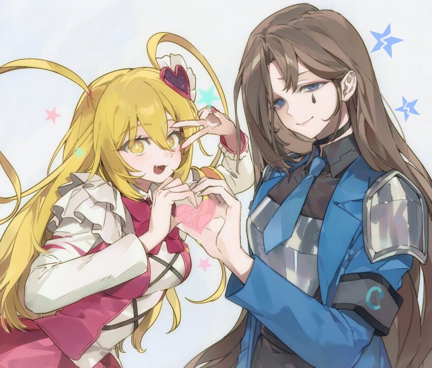 2girls, blue_eyes, blue_jacket, breasts, brown_hair, closed_mouth, don_quixote_(project_moon), facial_mark