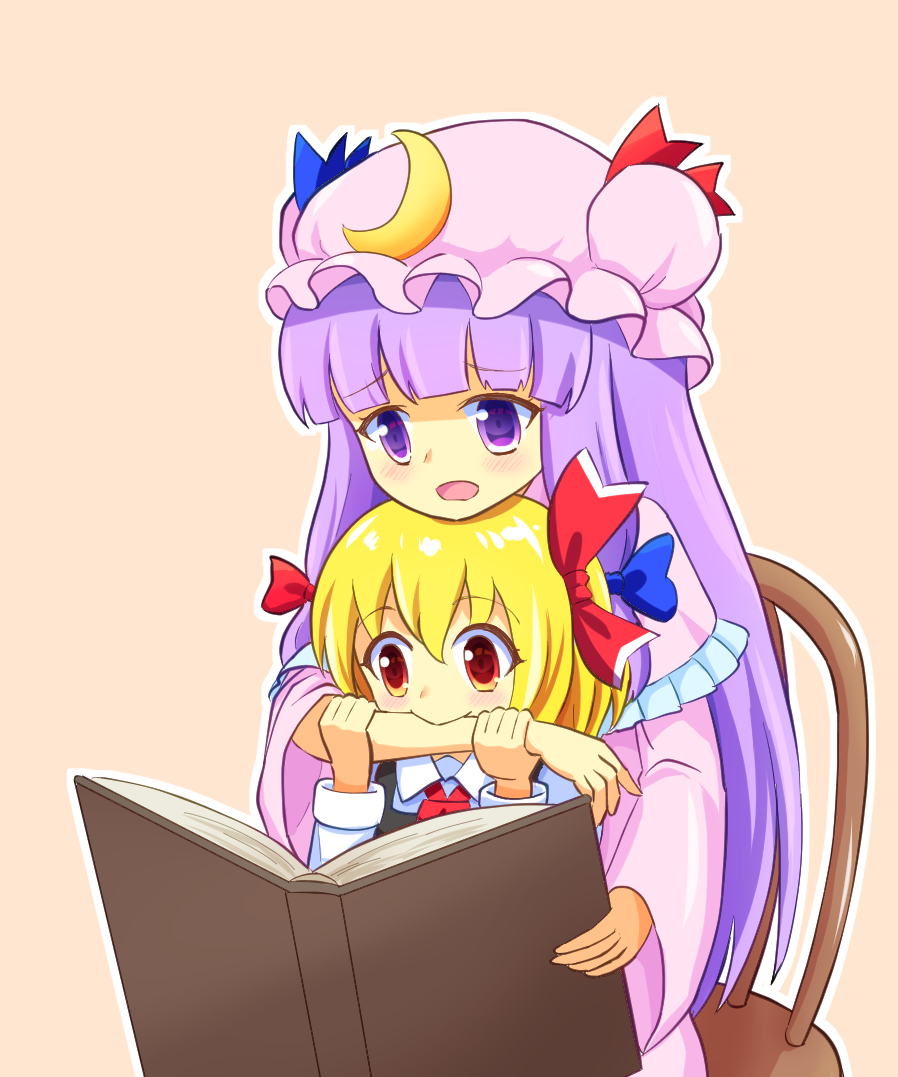 2girls, biting, biting_another's_arm, blonde_hair, blush, book, capelet, chair