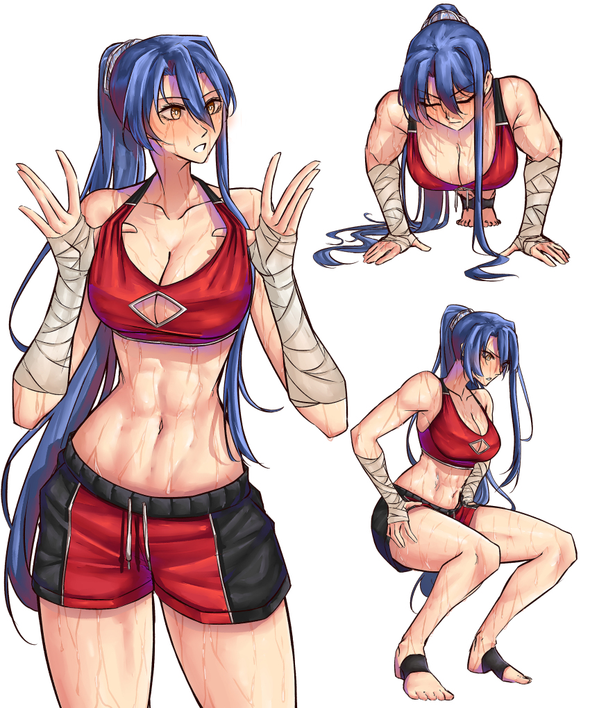 1girl, abs, absurdres, bandaged_arm, bandages, blue_hair, breasts, briefs