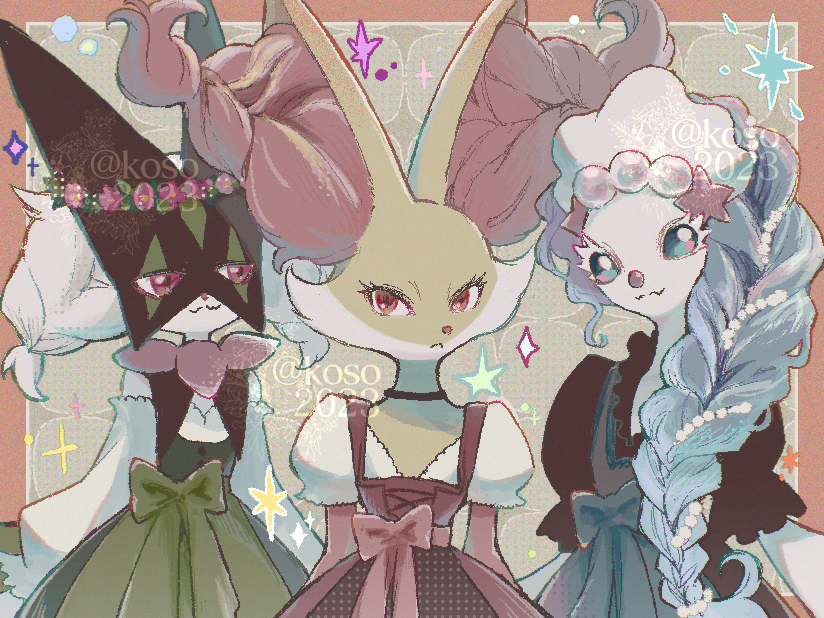 3girls, :<, alternate_hairstyle, animal_ear_fluff, animal_nose, black_choker, black_dress, blue_eyes, blue_hair, body_fur, bow, braid, braided_fur, cat_girl, choker, clothed_pokemon, clown_nose, colored_eyelashes, delphox, dress, eye_mask, fang, fox_girl, frilled_sleeves, frills, furry, furry_female, gem, gen_6_pokemon, gen_7_pokemon, green_fur, green_skirt, hair_ornament, half-closed_eyes, head_wreath, juliet_sleeves, koso2023, light_frown, long_braid, long_eyelashes, long_sleeves, looking_at_viewer, low_neckline, mask, meowscarada, multicolored_fur, multiple_girls, nintendo, off-shoulder_dress, off_shoulder, pearl_(gemstone), pearl_hair_ornament, pokemon, pokemon_(creature), pokemon_focus, primarina, puffy_long_sleeves, puffy_short_sleeves, puffy_sleeves, red_bow, red_eyes, red_fur, red_skirt, seal_girl, short_sleeves, single_braid, skin_fang, skirt, smile, sparkle, starfish_hair_ornament, two-tone_fur, upper_body, yellow_fur