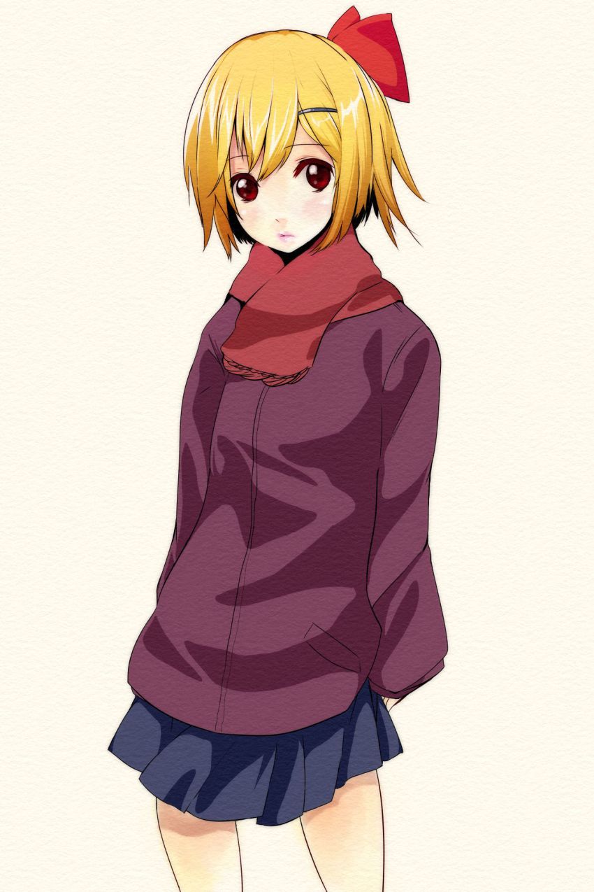 1girl, bad_id, bad_pixiv_id, blonde_hair, casual, colorized, contemporary, embodiment_of_scarlet_devil, female_focus, hair_ornament, hairclip, highres, jacket, lips, lipstick, makeup, miniskirt, p_second, pp_(p_second), rumia, scarf, skirt, solo, touhou, tp65pxu4