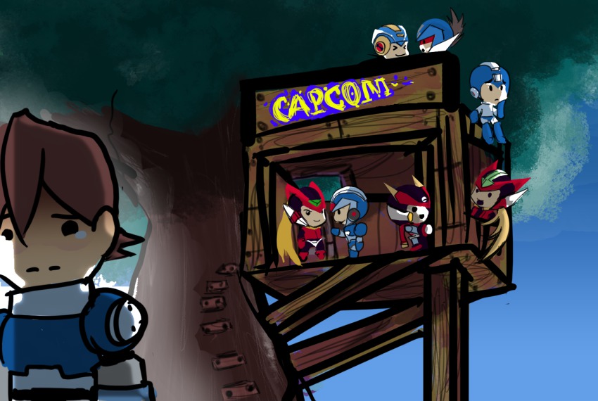 00s, 6+boys, blush, bnmotive, building, capcom, geo_stelar_(mega_man), male_focus, mega_man_(character), mega_man_(classic), mega_man_(series), mega_man_battle_network, mega_man_battle_network_(series), mega_man_legends_(series), mega_man_star_force_(series), mega_man_volnutt, mega_man_x_(series), mega_man_zero_(series), mega_man_zx, mega_man_zx_advent, megaman.exe, model_a_(mega_man), model_zx_(mega_man), multiple_boys, outdoors, plant, shoulder_pads, tears, tree, treehouse, x_(mega_man), zero(z)_(mega_man), zero_(mega_man)