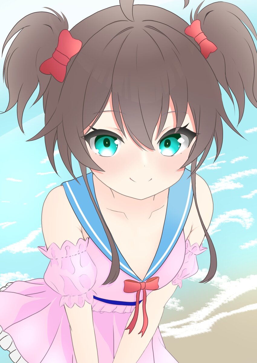 1girl, absurdres, ahoge, artist_request, beach, blue_sailor_collar, blush, bow