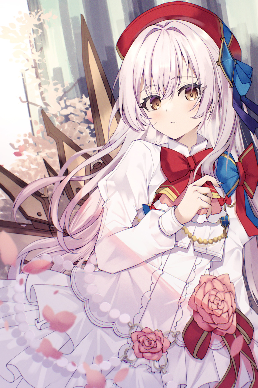 1girl, arcaea, ascot, beret, blue_bow, blue_gem, blush, bow
